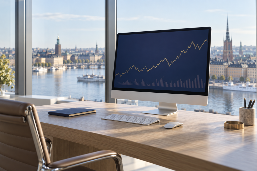 Illustration av en ljus kontorsmiljö med en dekorativ graf på datorskärmen